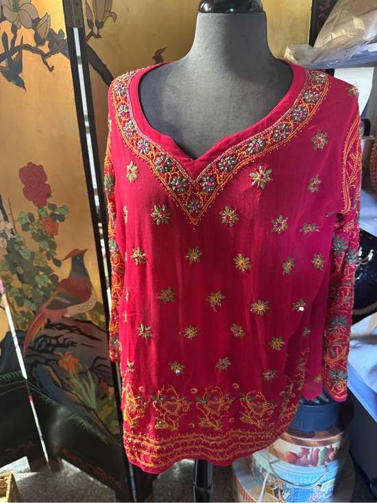 Tops - Embroidered Red Women's Tunic with Floral Accents. Ptp 22, 34” length.